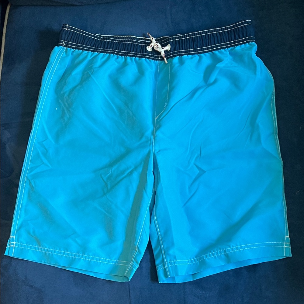 Lands' End Light Aqua Swim Trunks with Navy Elastic Waistband